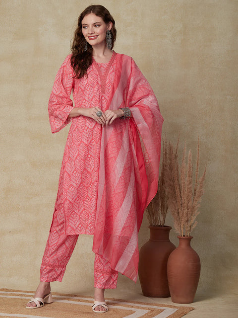 Ethnic Printed Schiffilli Work Crochet Lace Kurta With Pants & Dupatta - Pink