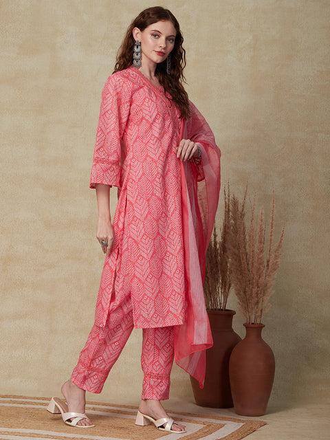 Ethnic Printed Schiffilli Work Crochet Lace Kurta With Pants & Dupatta - Pink