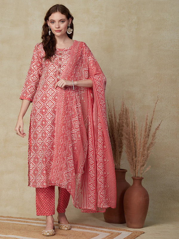 Abstract Printed Cutdana & Resham Embroidered Kurta With Pants & Dupatta - Red & White