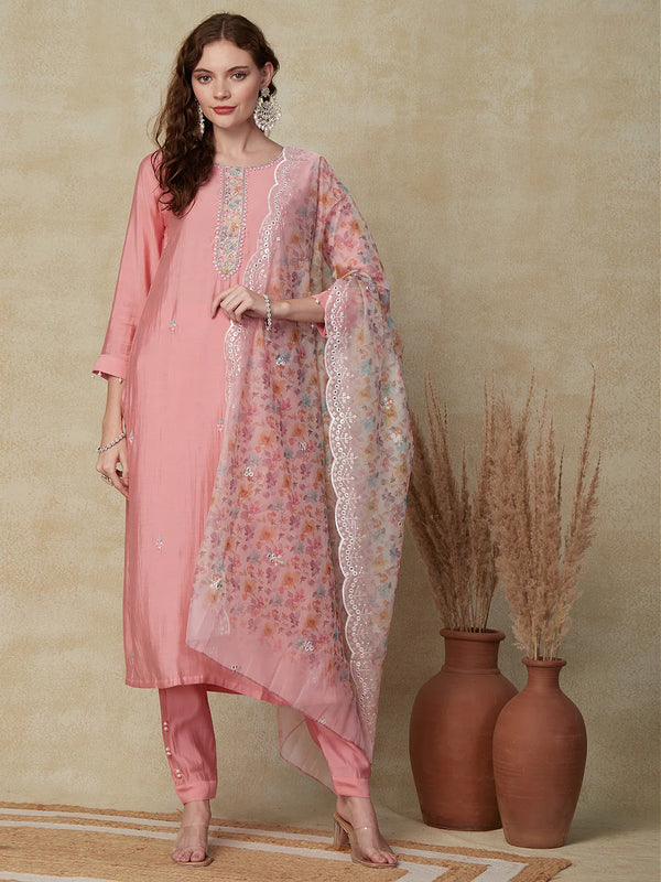 Solid Mirror & Cutdana Embroidered Kurta With Pants & Embroidered Dupatta - Pink