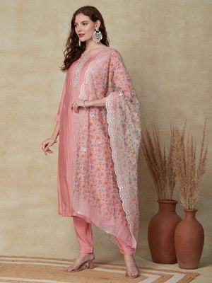 Solid Mirror & Cutdana Embroidered Kurta With Pants & Embroidered Dupatta - Pink