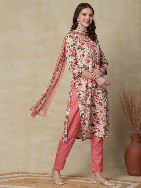 Floral Printed & Embroidered Straight Fit Kurta With Pant & Dupatta - Pink