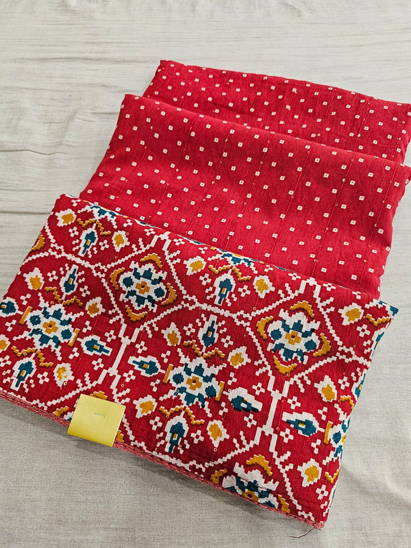 663006 Maslin Cotton Hand Block Ajrakh Printed Patola Border Saree - red