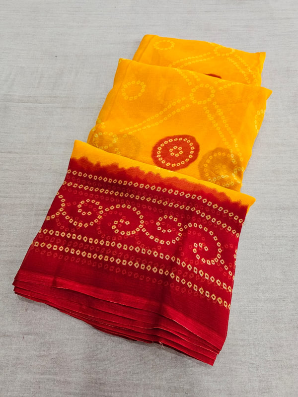 664001 Exclusive Chiffon Bandhej Print Saree - YELLOW RED