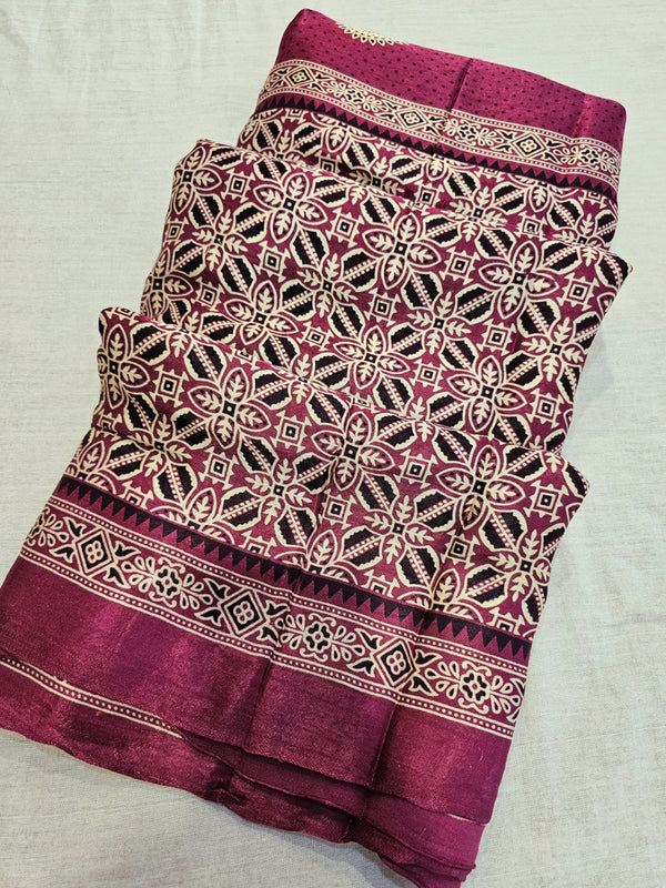 1931 Traditional Ajrakh Printed Gajji Silk Lagadi Patta Pallu Saree - Wine