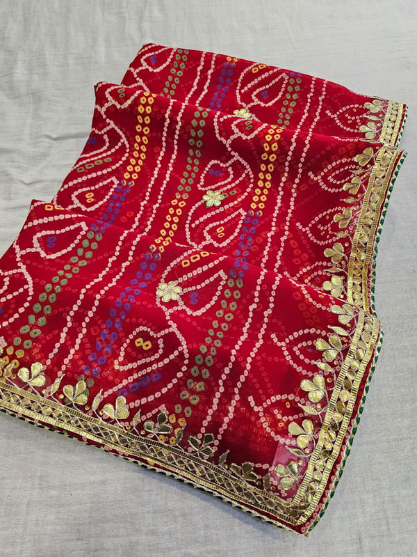 722004 Traditional Bandhani Saree With Rajasthani Gota Patti Work