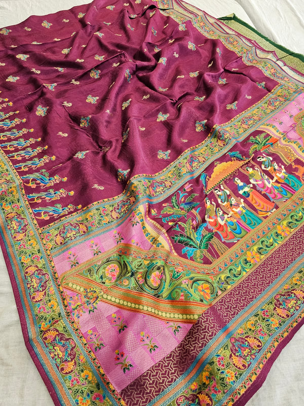 699001 Kashmiri Pashmina Work Saree on Original Kashmiri Dola Silk - Wine