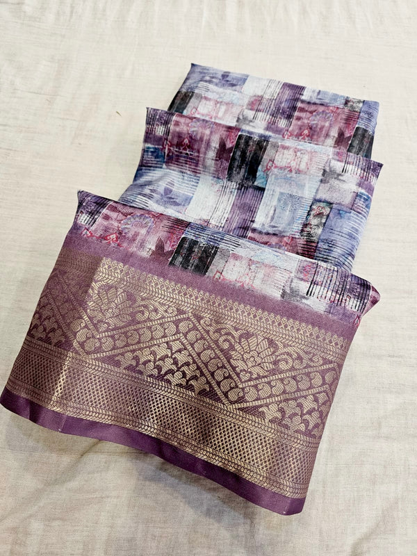 735001 Digital Printed Semi Sik Saree with Heavy Jaccard Border