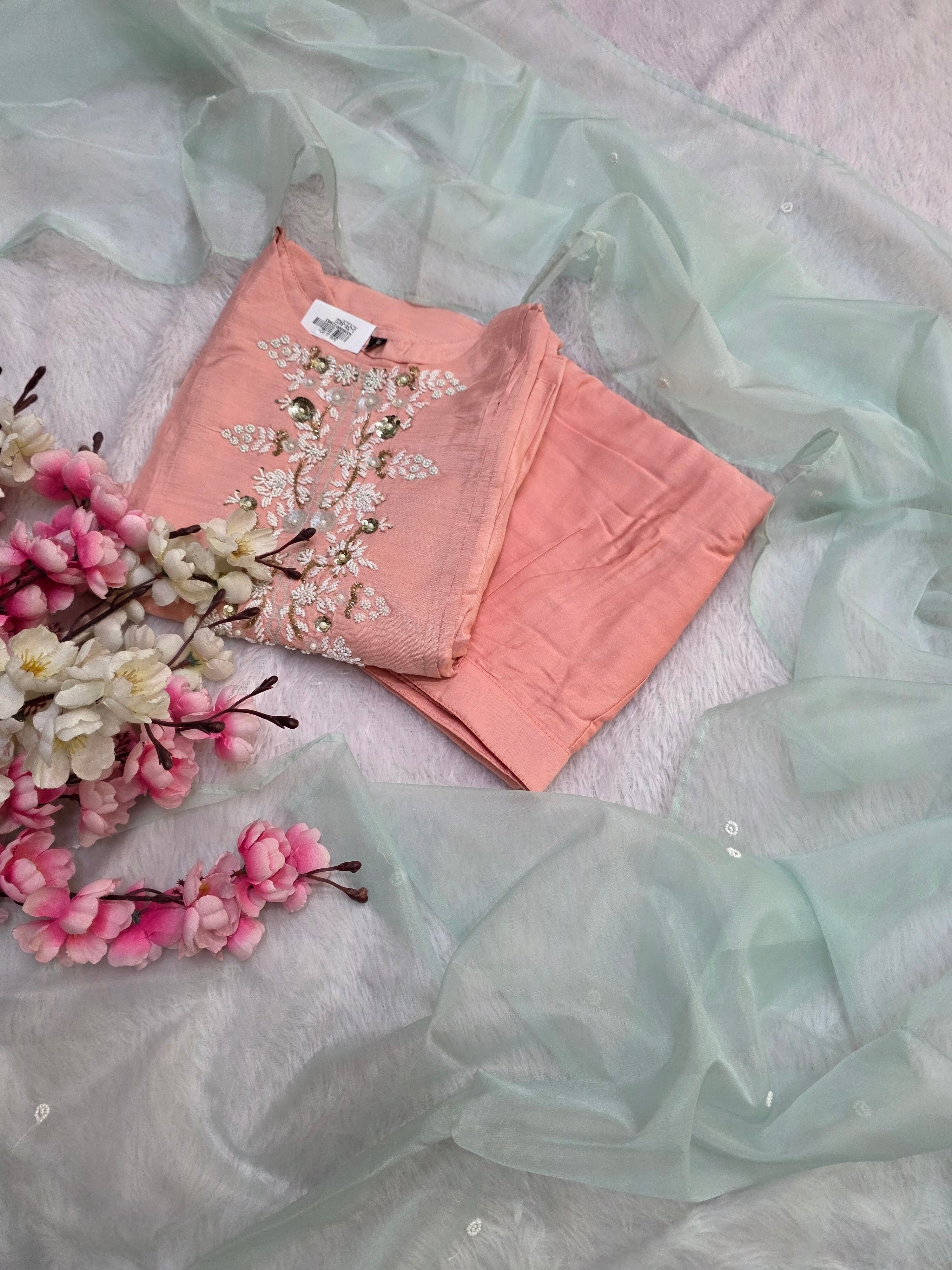 862001 Designer Pink Maslin A-Line Kurti With Pant and Dupatta