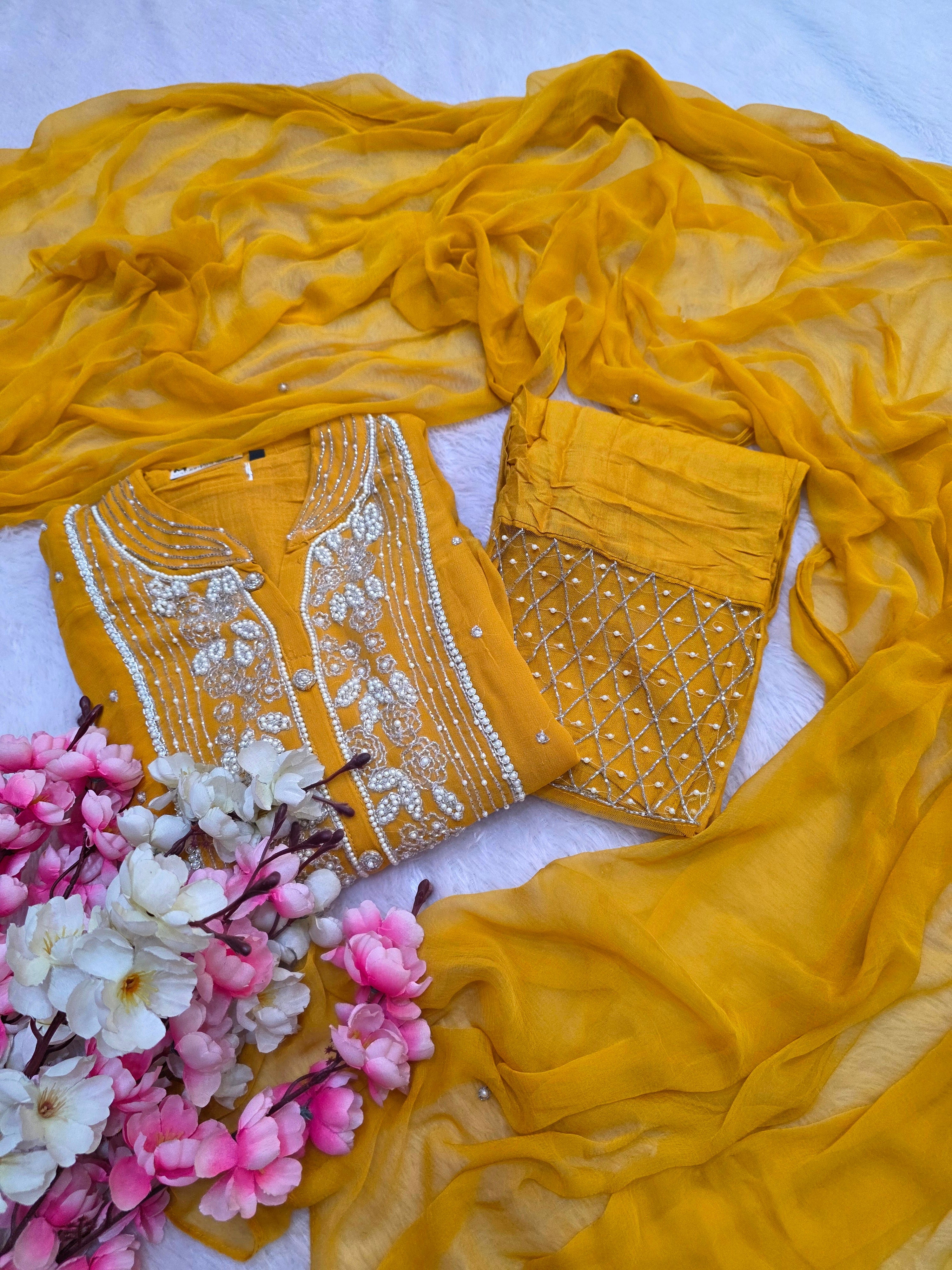 862002 Designer Yellow Georgette Kurti With Pant and Dupatta