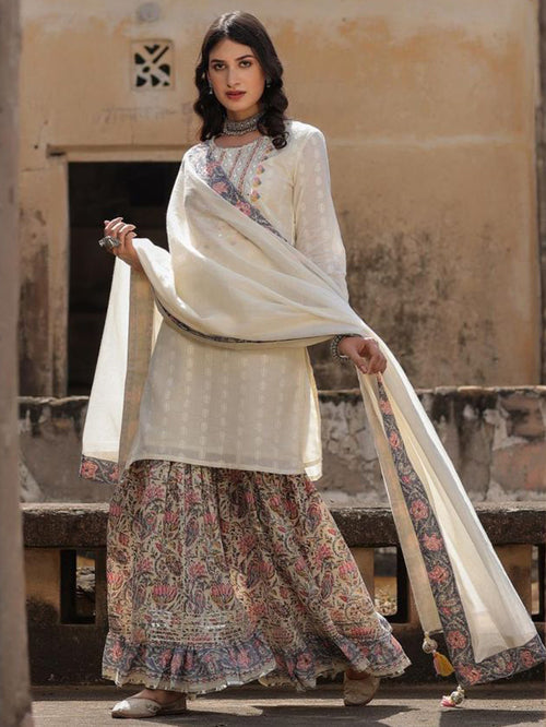 Ivory Shot Kurta with Sharara With Dupatta - 10054