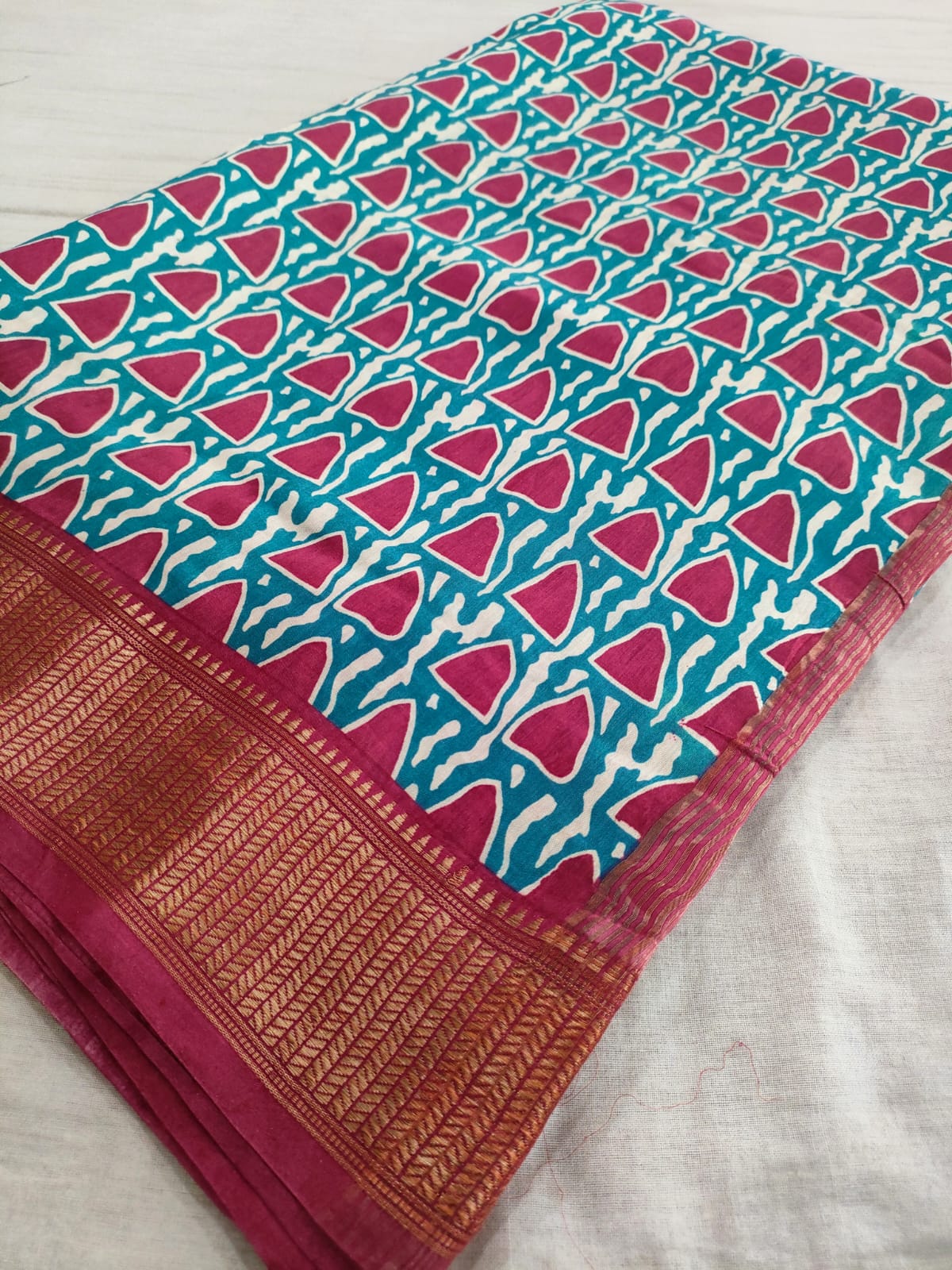 113003 Pure Maslin Saree - Teal Blue