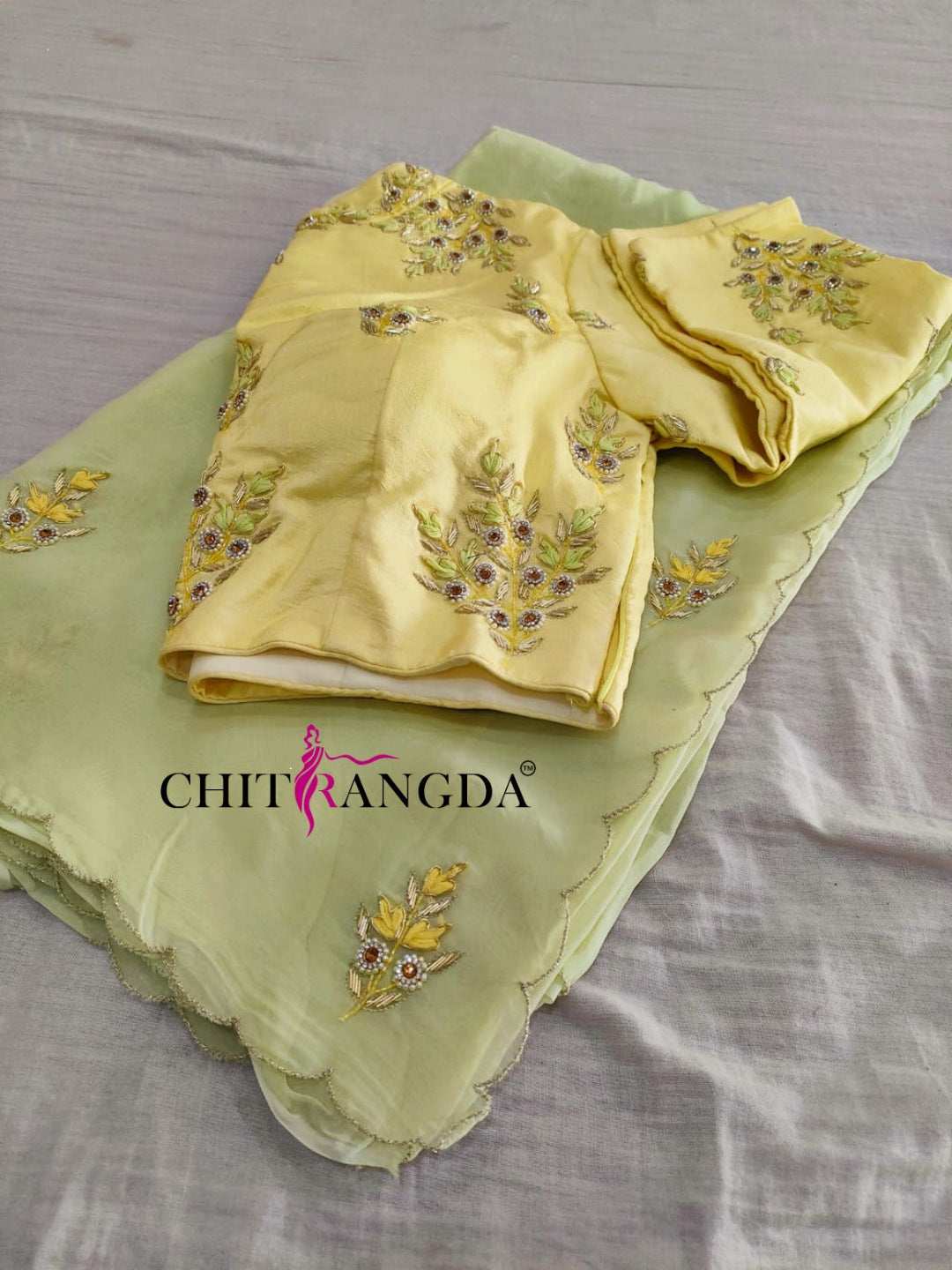 132001 Premium Organza Saree with Heavy Hand Work and With Stitch Blouse - Light Green
