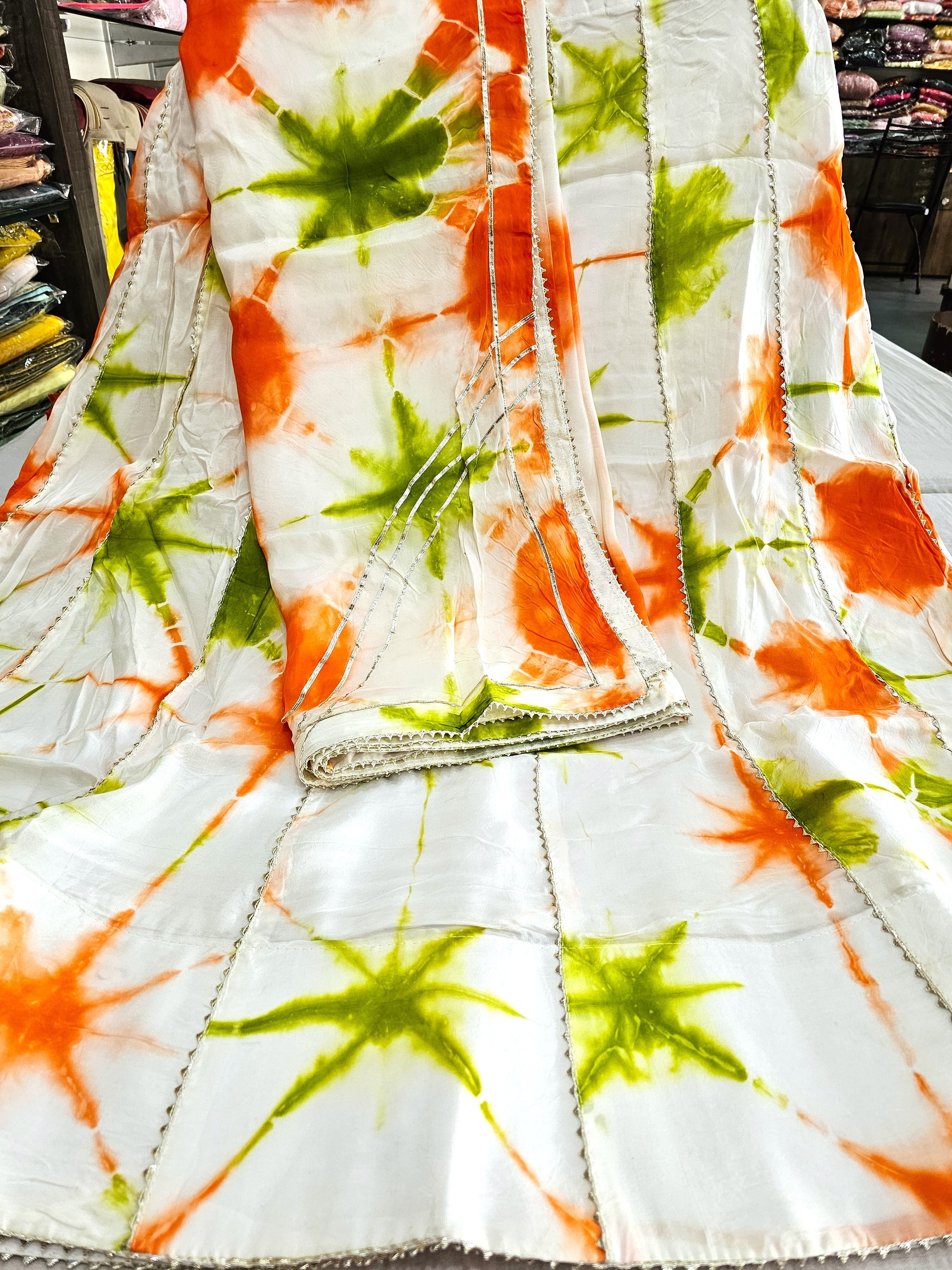 534002 Art Silk Tai & Dye Print Lehenga With Gota Work - Orange