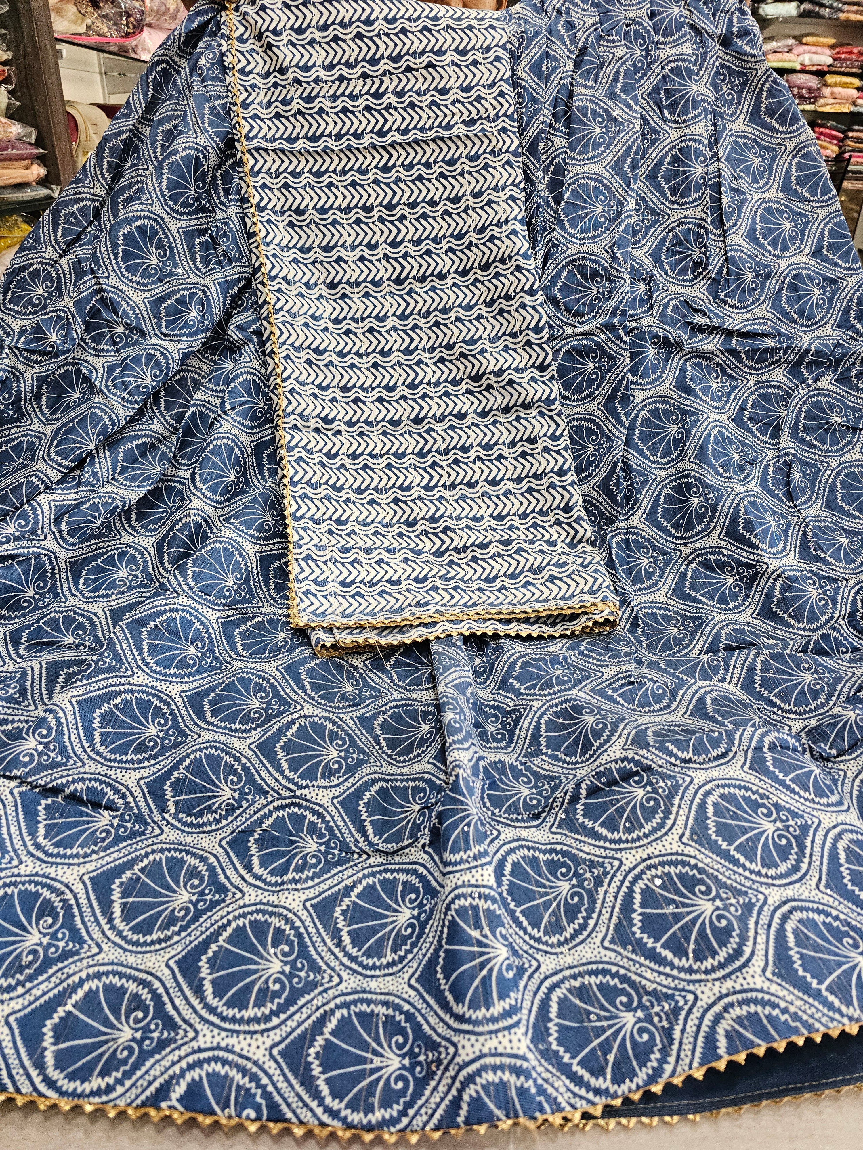 534001 Pure Mul Cotton Ajrakh Print Lehenga With Gota Work - Blue