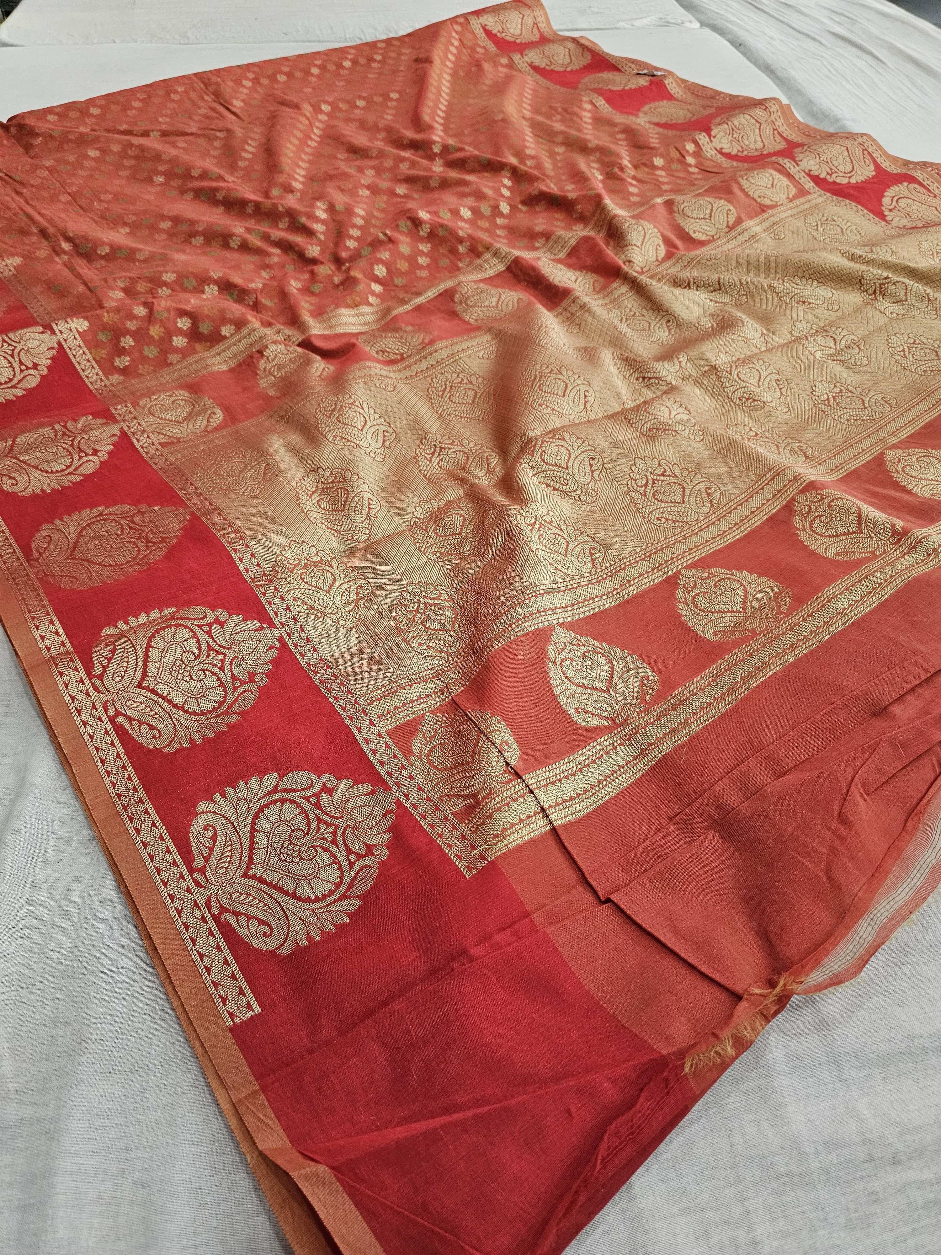 550008 Banarasi Pure Calcutta Cotton Saree With Zari Weaving
