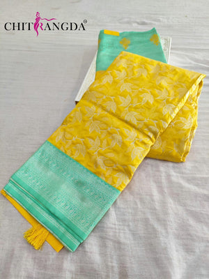 713003 Pure Banarasi Silk Yellow And Aqua Green Color Saree -