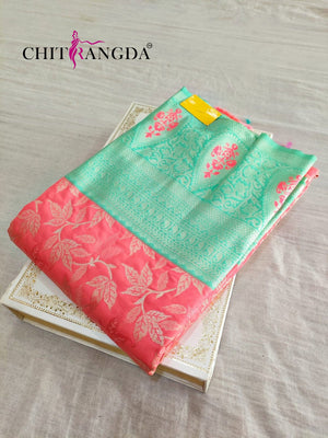 713003 Pure Kanjivaram Silk Pink And Aqua Green Color Saree -