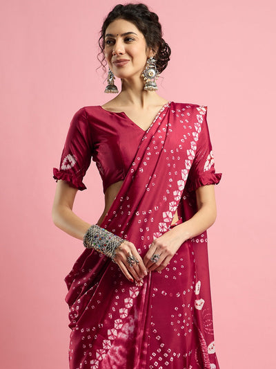 2044 Traditional Bandhani with Shibori Print Soft Satin Silk Saree - RED