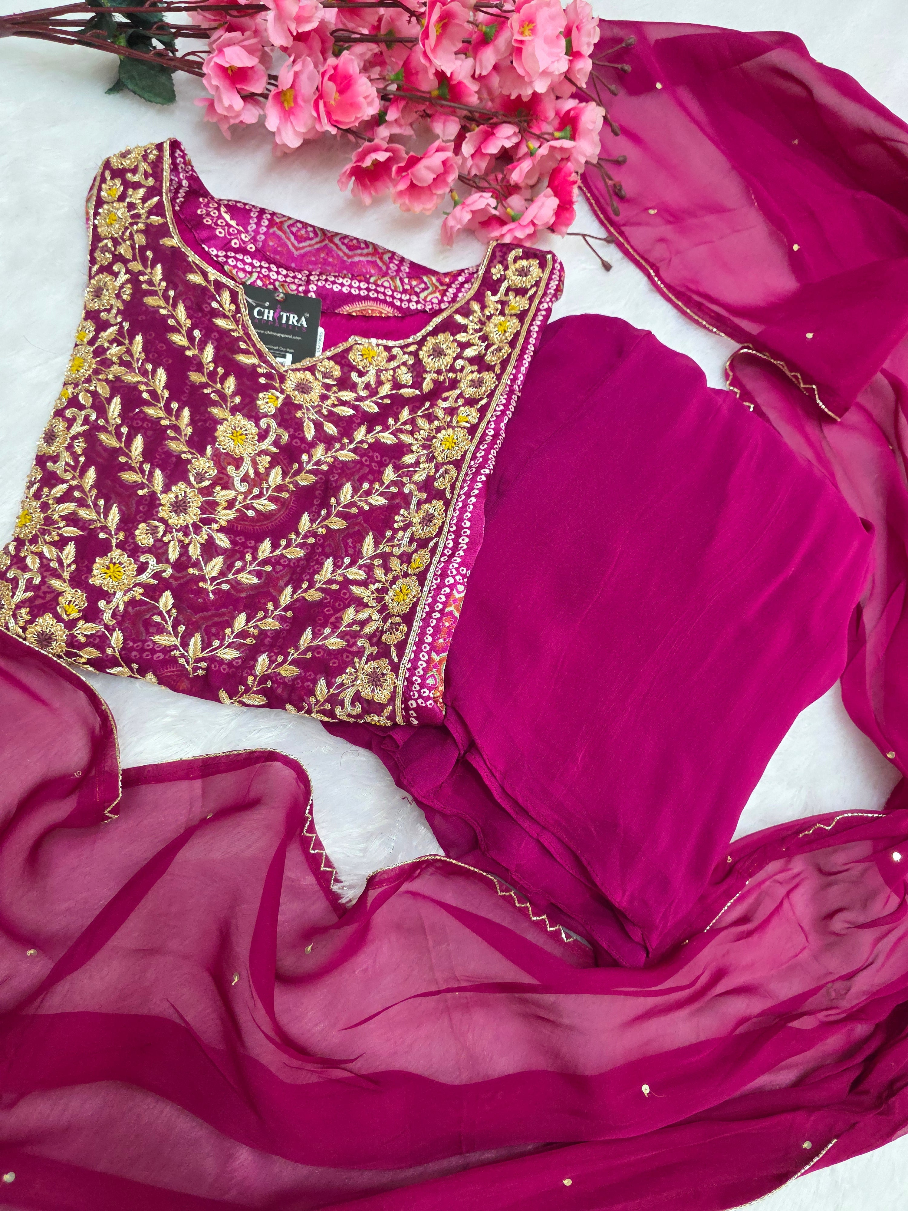 C77015 Pure Gajji Silk Bandhani Party Wear Dress with Zardosi Work