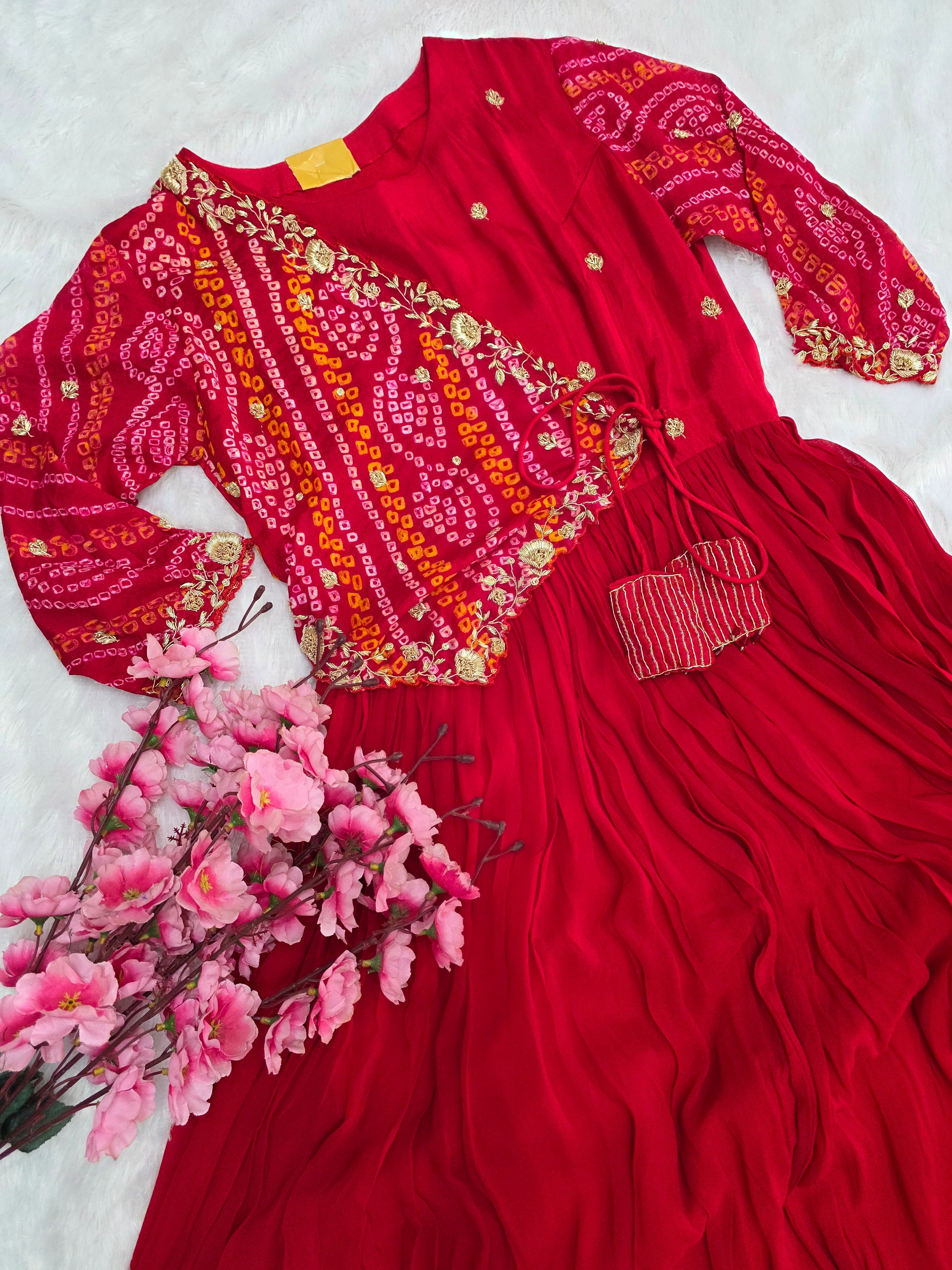 C77004 Premium Pure Georgette Designer Bandhani Gown With Zardosi Work