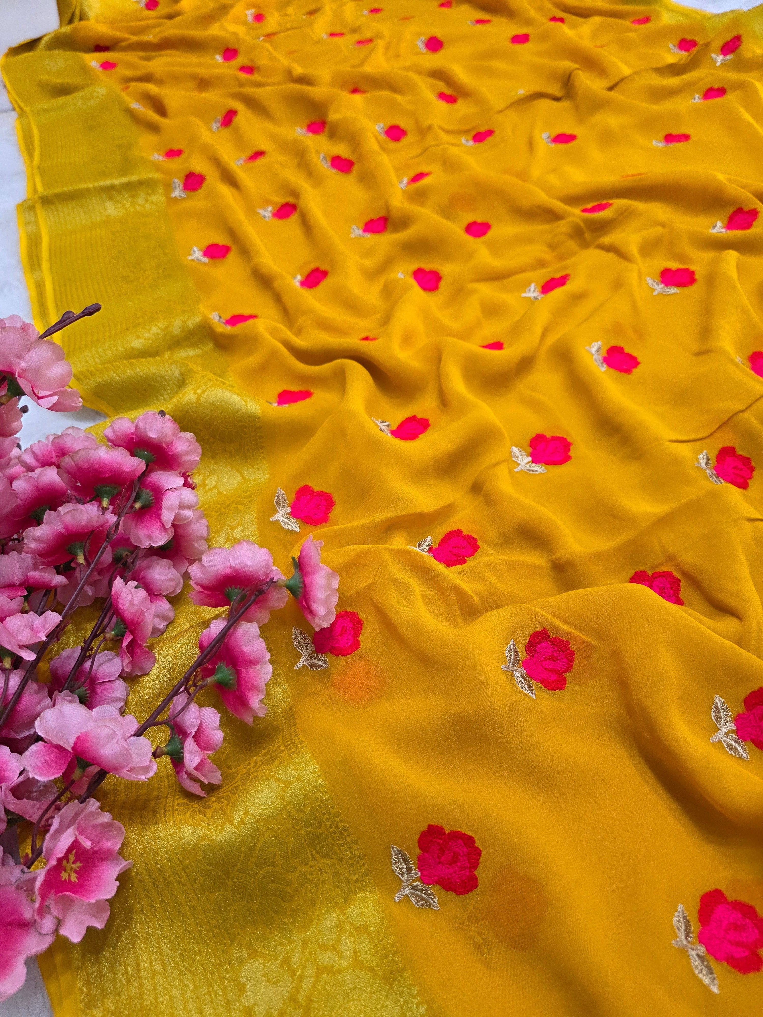 C78007 Exclusive Fancy Pure Georgette Saree with Embroidery yellow