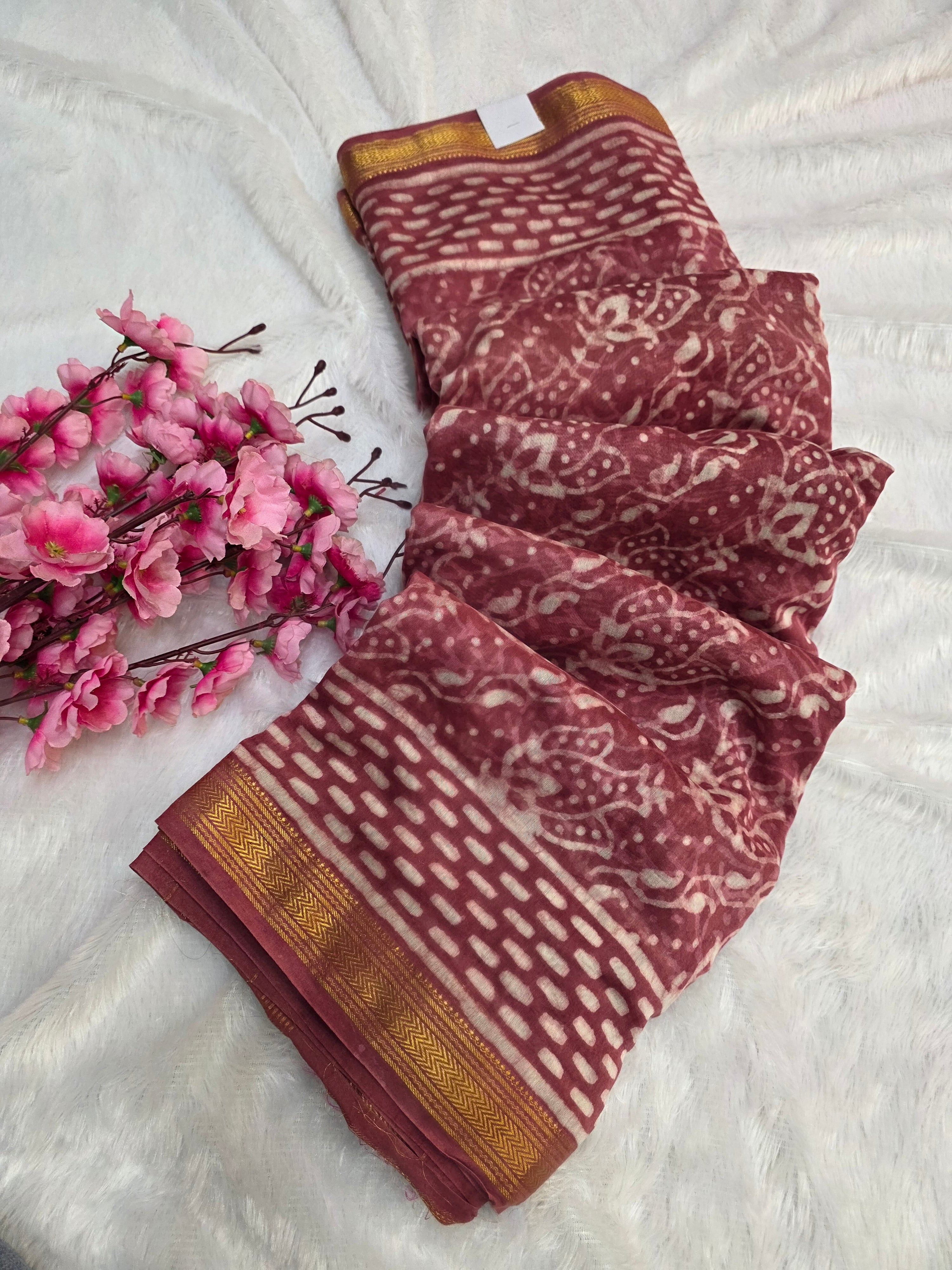 794001 Pure Chanderi Cotton Silk Handblocked Printed Saree with Maheshwari Border