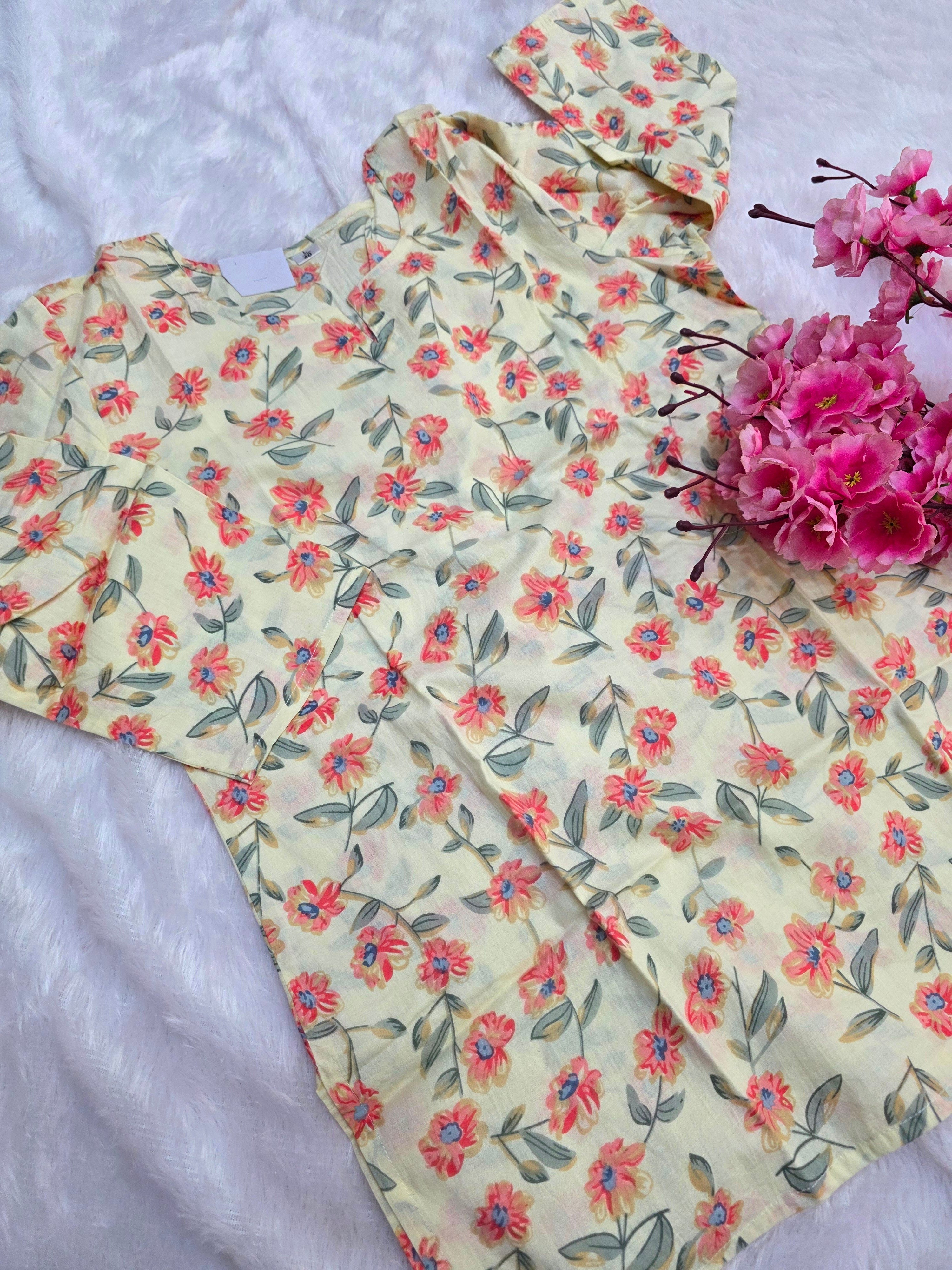 1758 Pure Cotton Hand Block Printed Shot Kurtis (Cream)