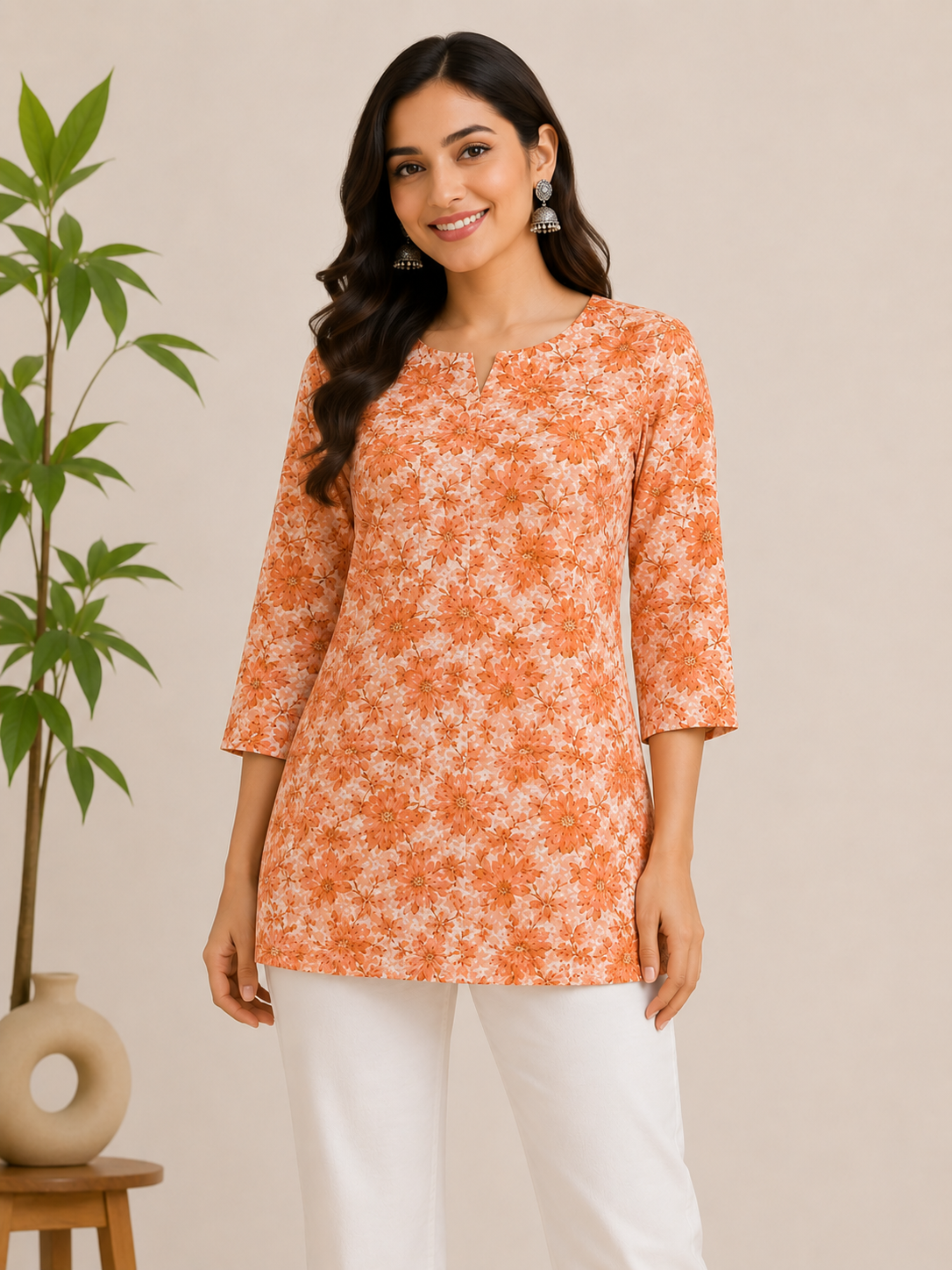 1758 Pure Cotton Hand Block Printed Shot Kurtis (Saffron)