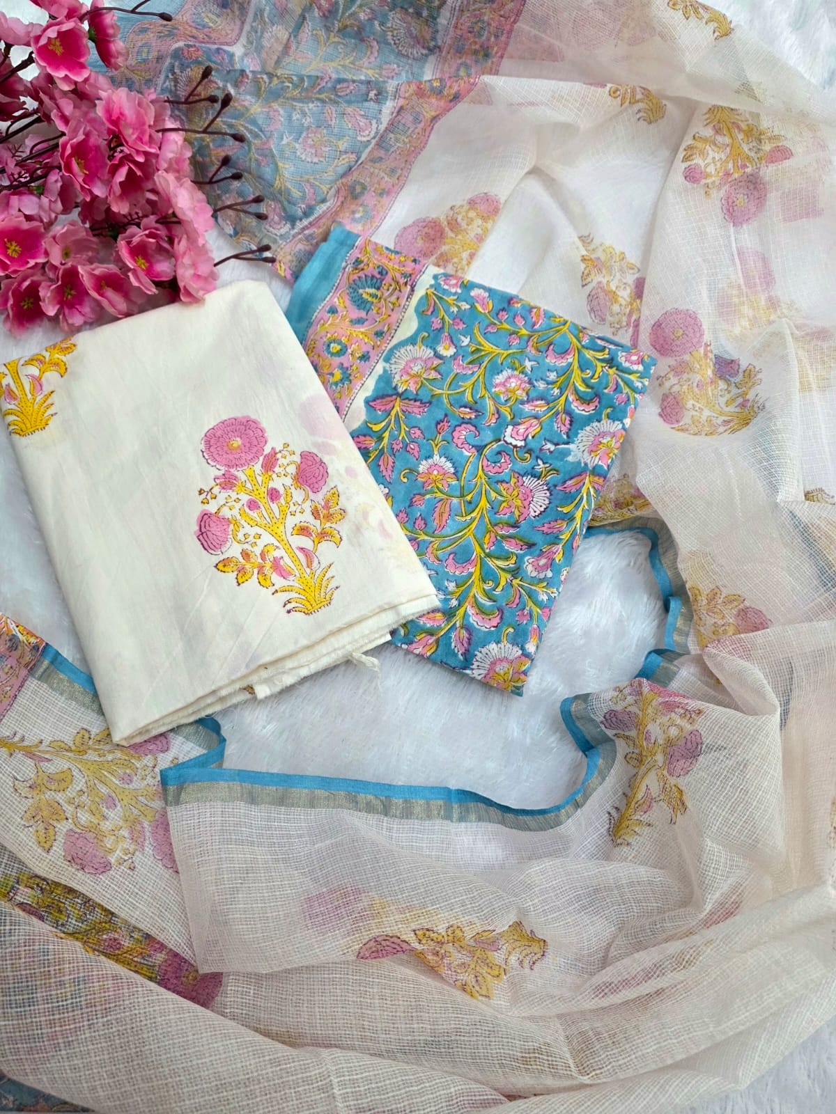 804005 Pure Malmal Cotton Hand Block Print Unstitched Suit