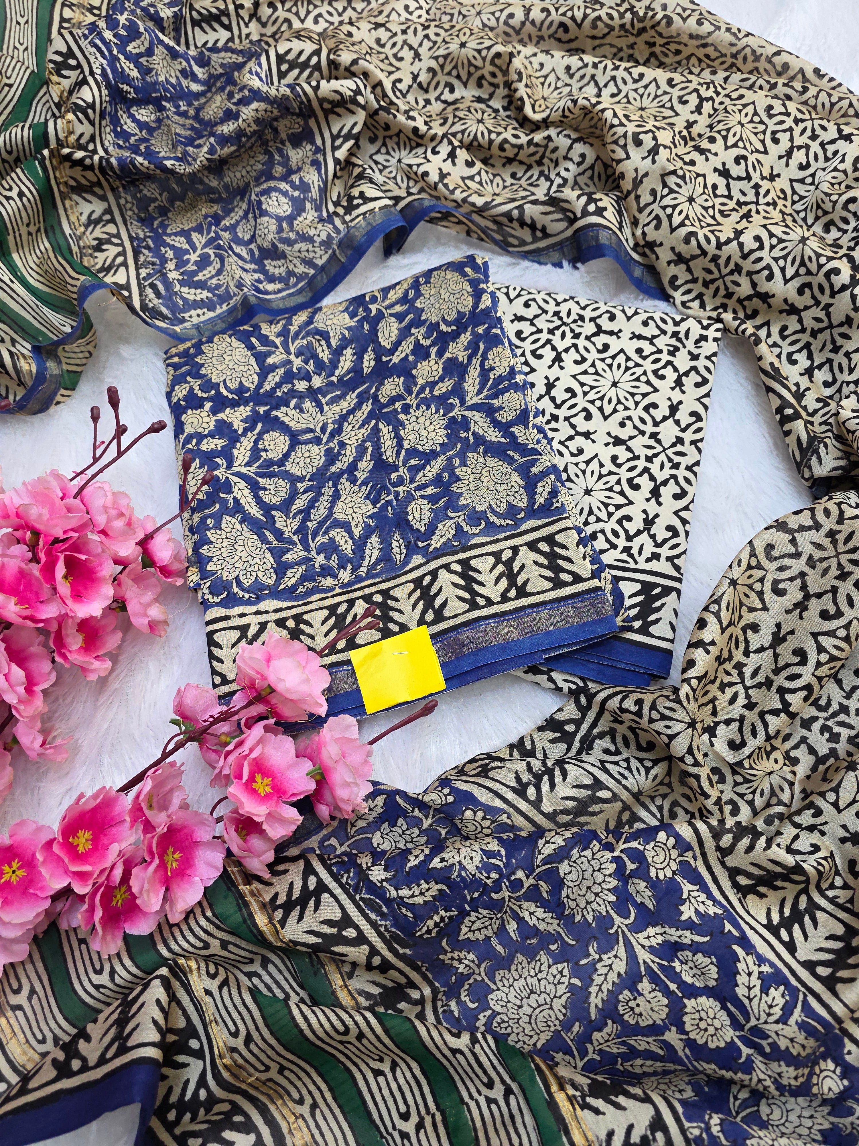 812009 Pure Chanderi Cotton Silk Handmade Print Unstitched Suit