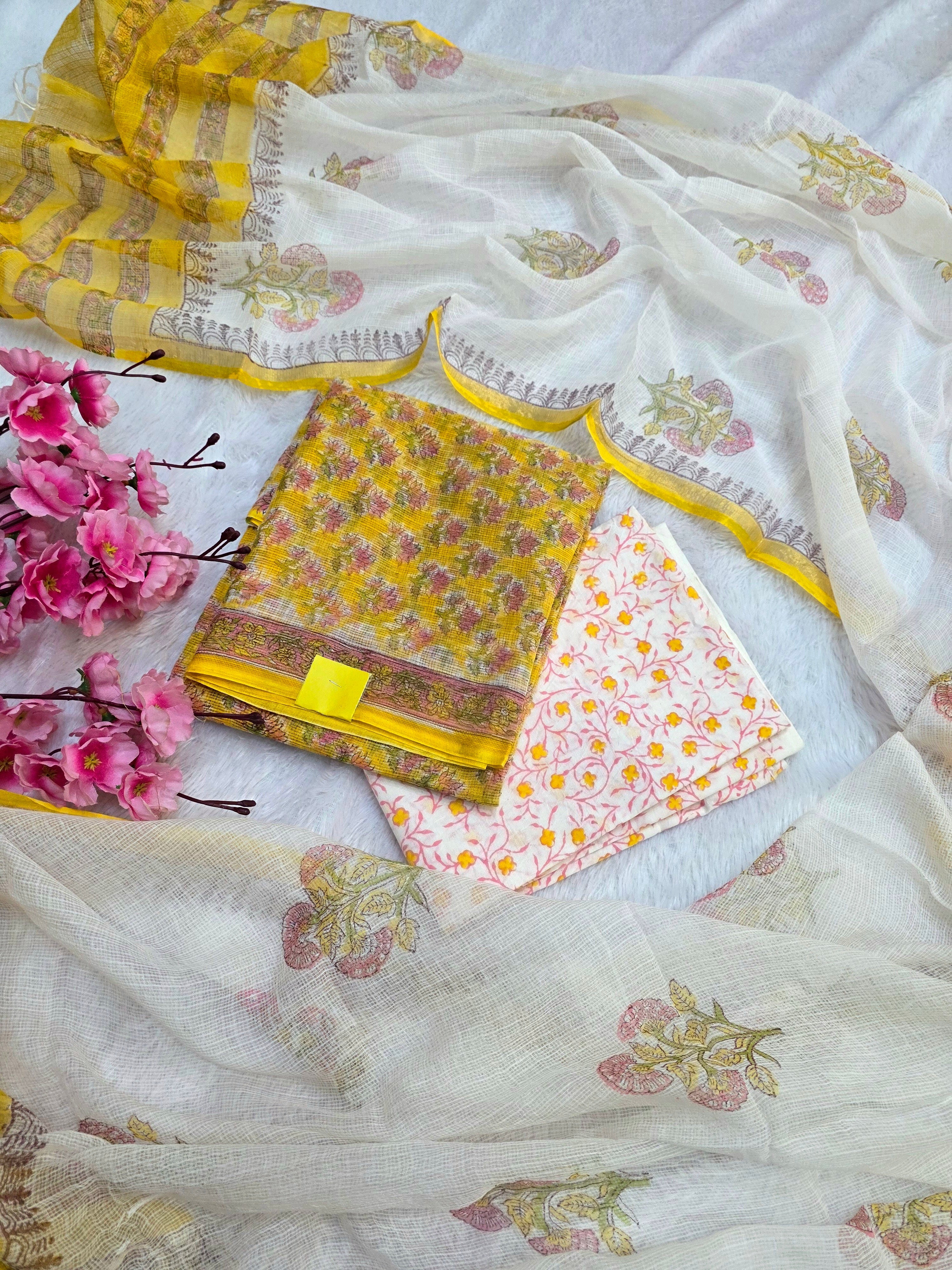 812001 Pure Kota Doria Cotton Handmade Printed Unstitched Suit