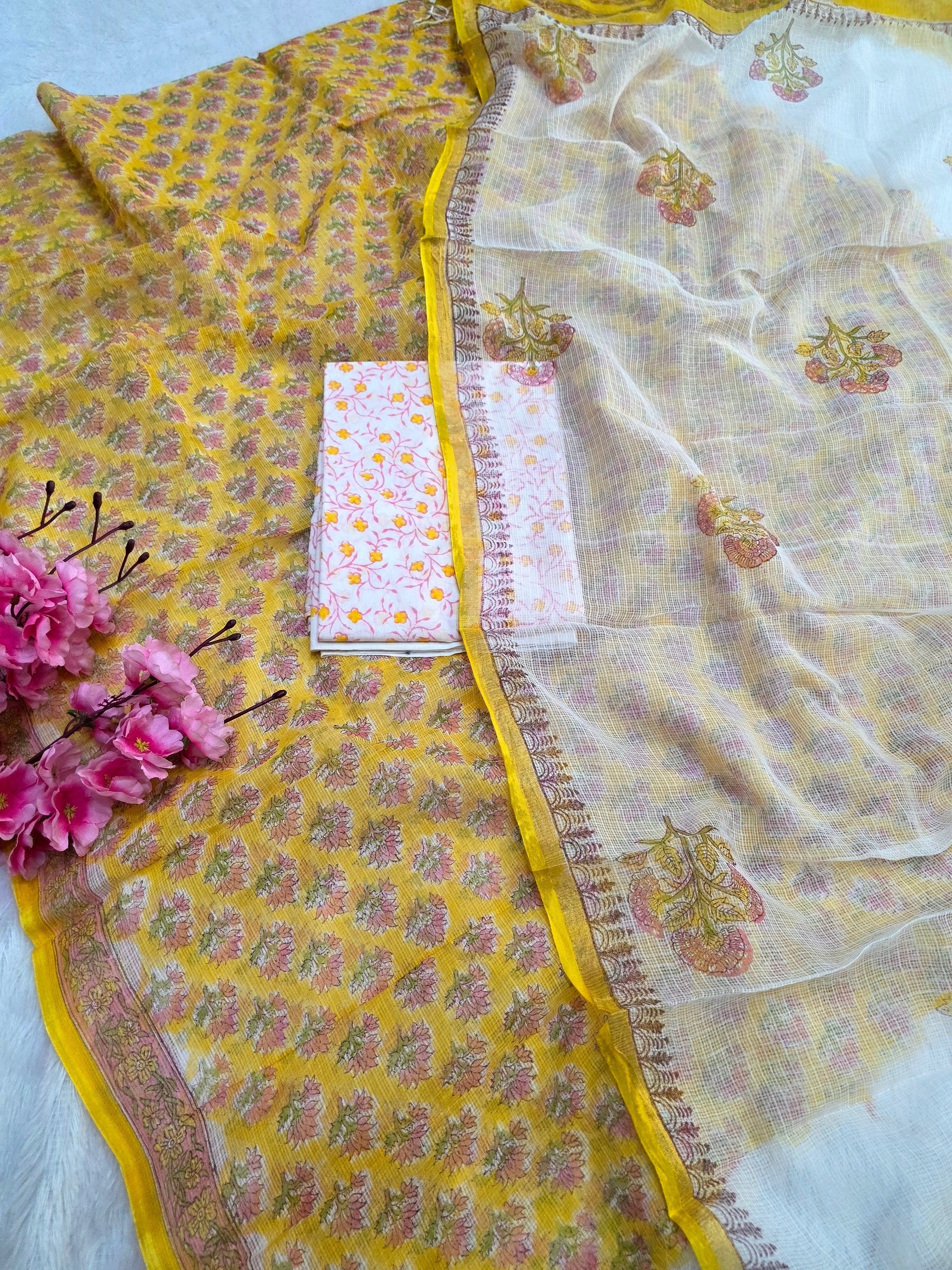 812001 Pure Kota Doria Cotton Handmade Printed Unstitched Suit
