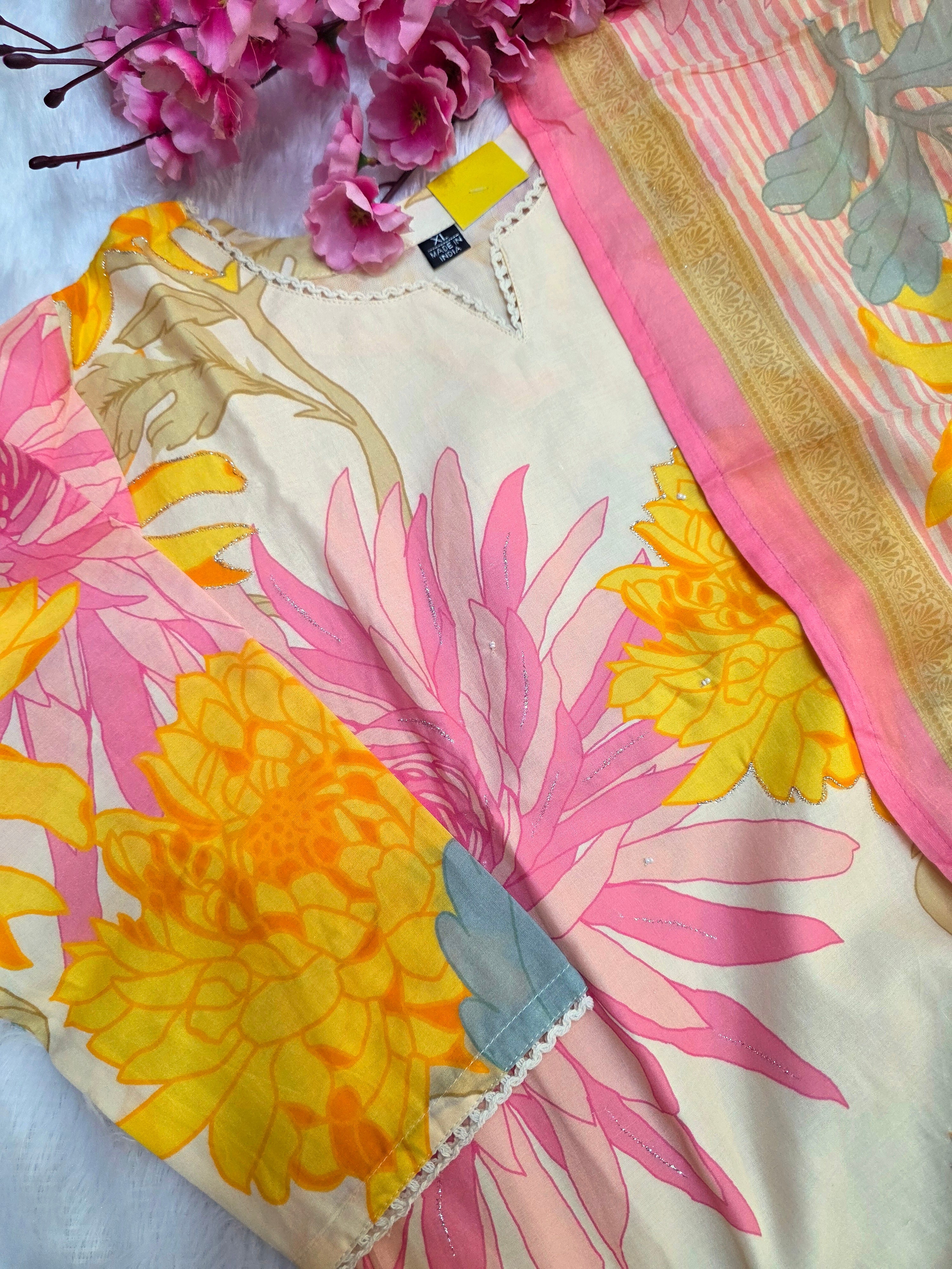 889002 Pure Rich Soft Cotton Flower Design Kurti With Zari Embroidery and Dupatta Pant Set 12163