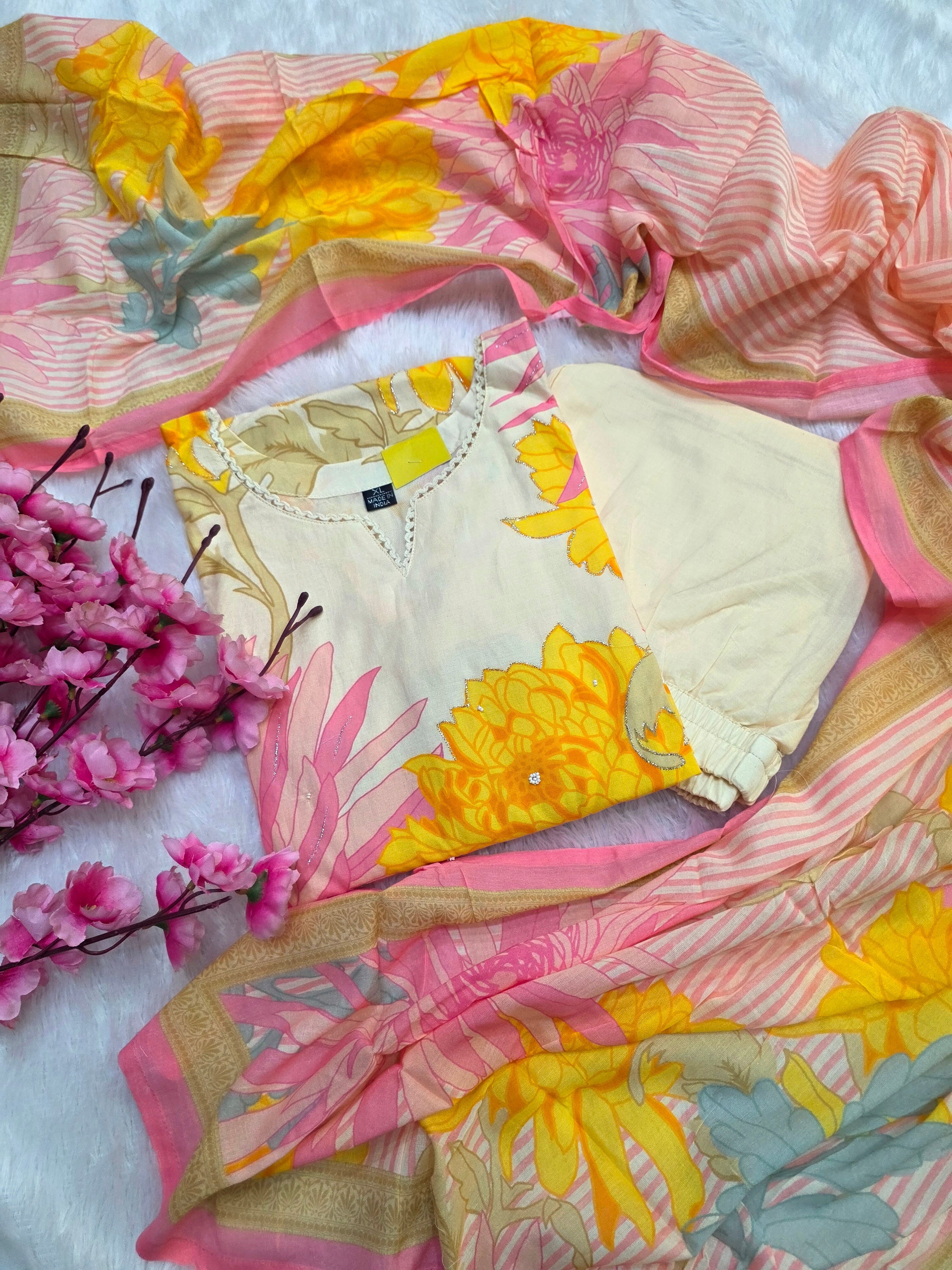 889002 Pure Rich Soft Cotton Flower Design Kurti With Zari Embroidery and Dupatta Pant Set 12163