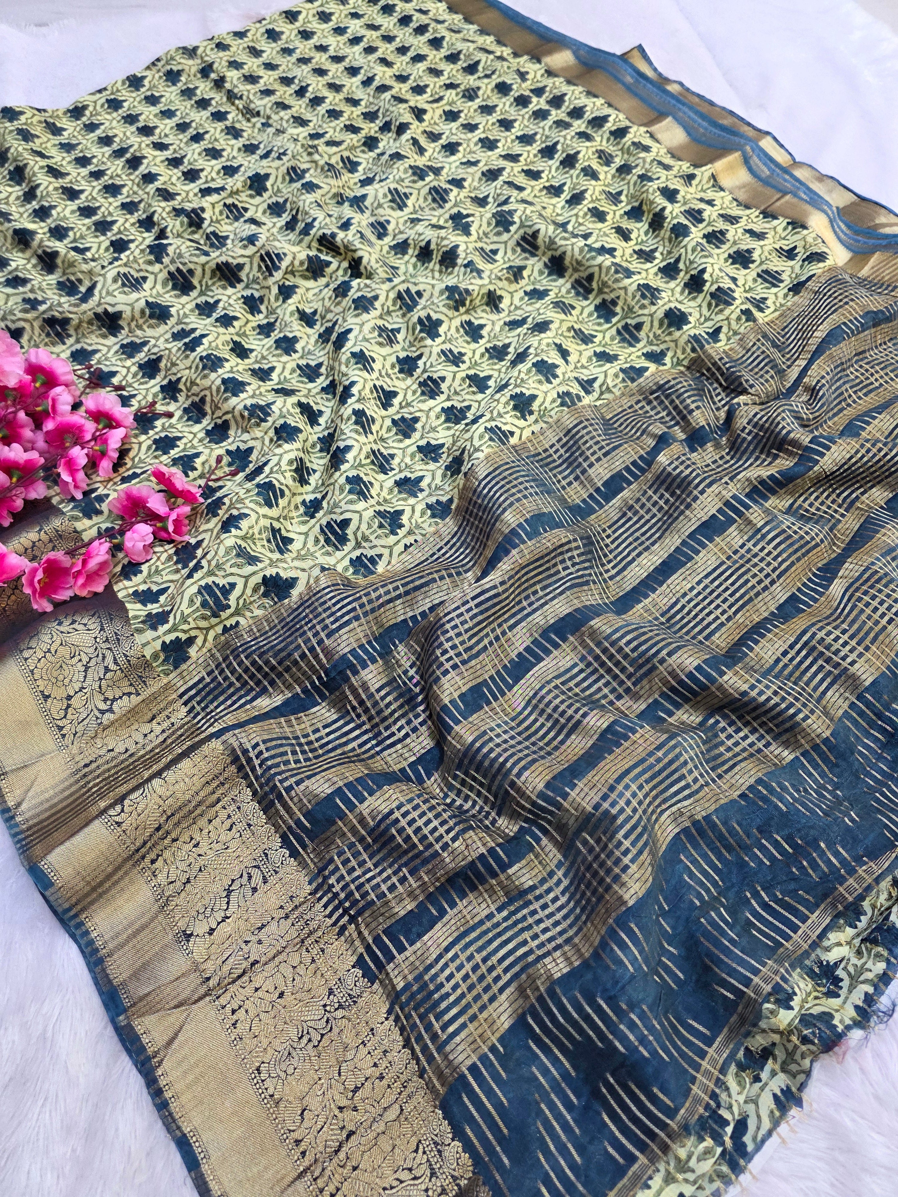 828005-2 Designer Green Shade Handblock Printed Chanderi Silk Saree with Zari Border