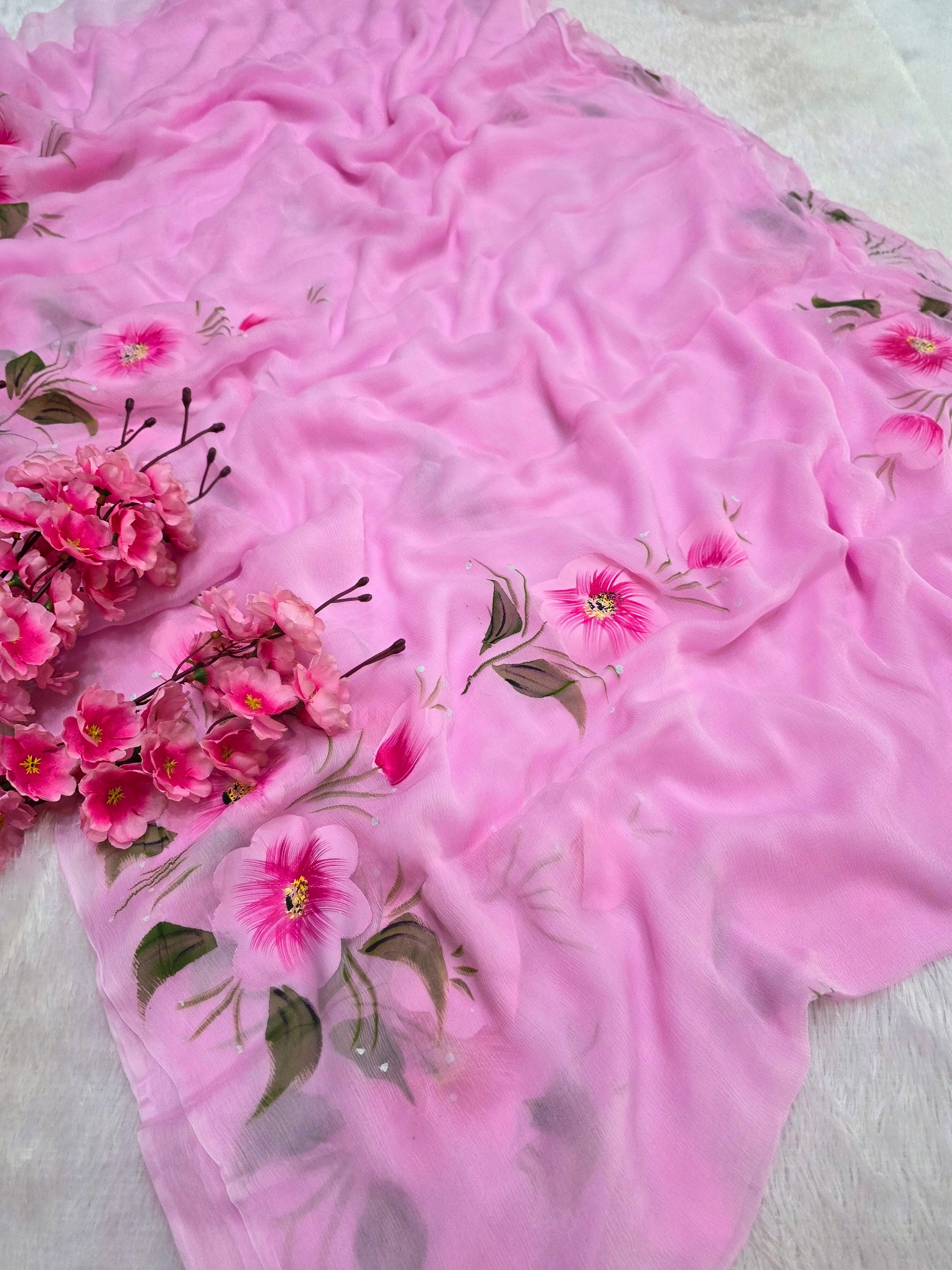 828001 Pink Pure Chiffon Hand Painted Saree