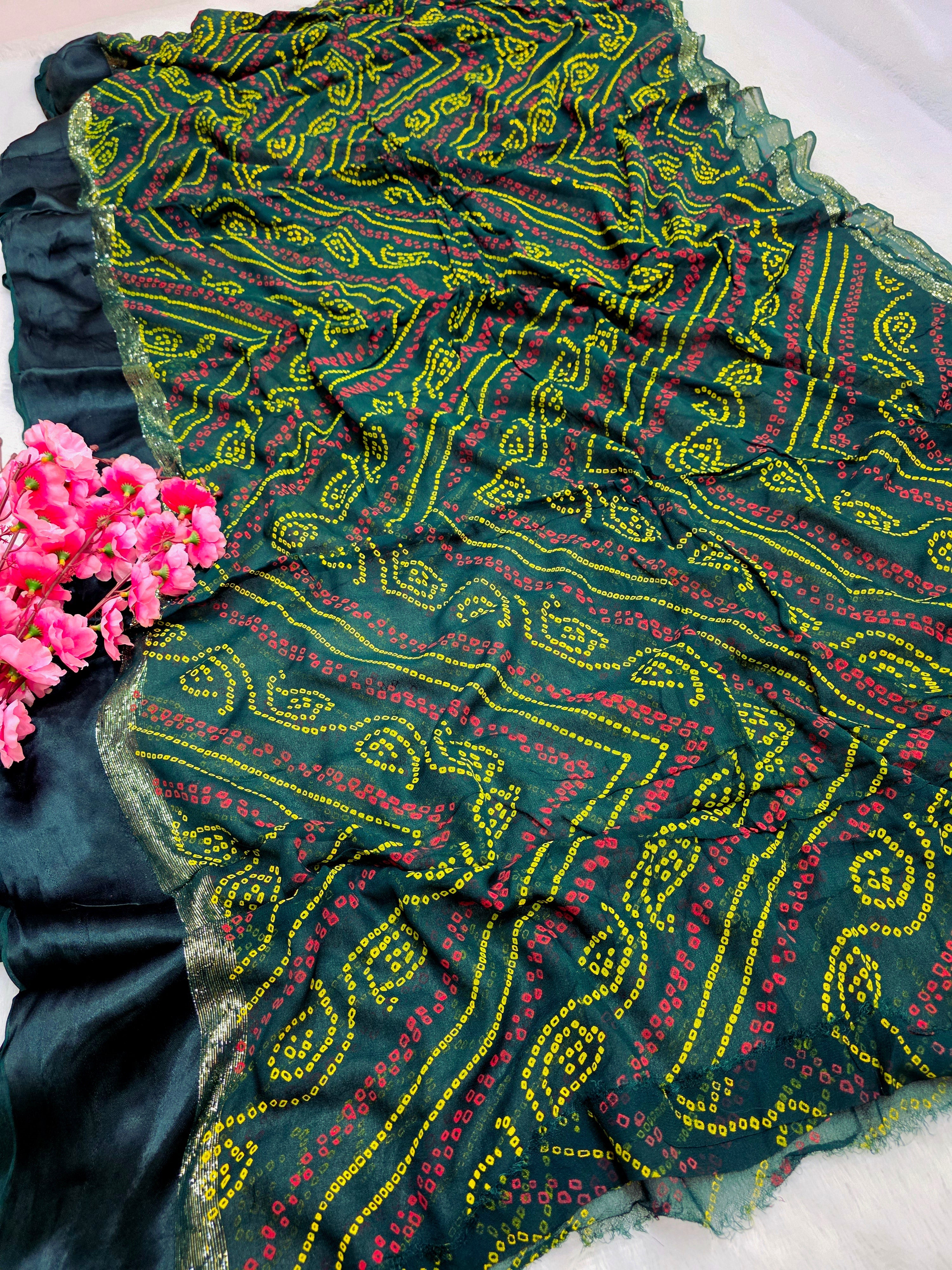 786001 Rajasthani Pure Georgette Bandhani Saree With Satin Border green