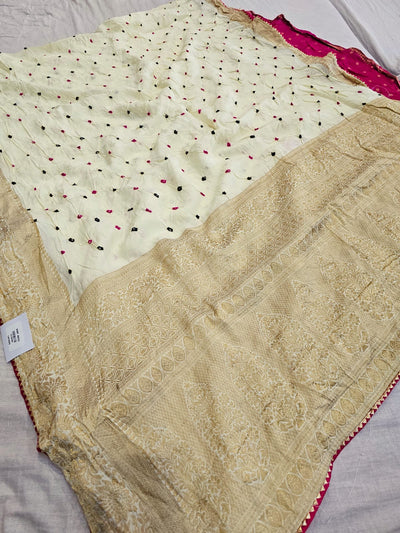 780018 Original Rajasthani Hand Bandhani Saree with Zari Work (711001) - White