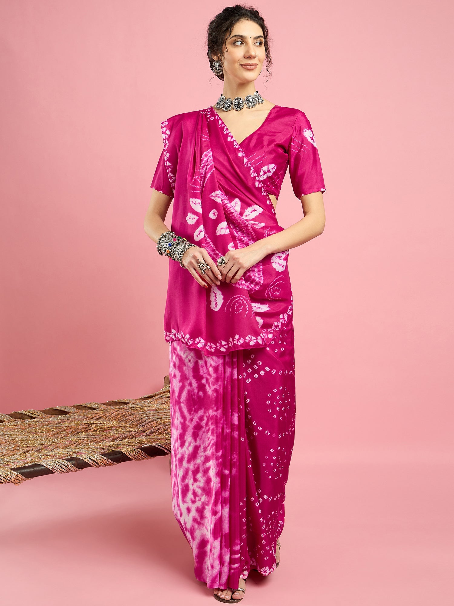 2044 Traditional Bandhani with Shibori Print Soft Satin Silk Saree - RANI