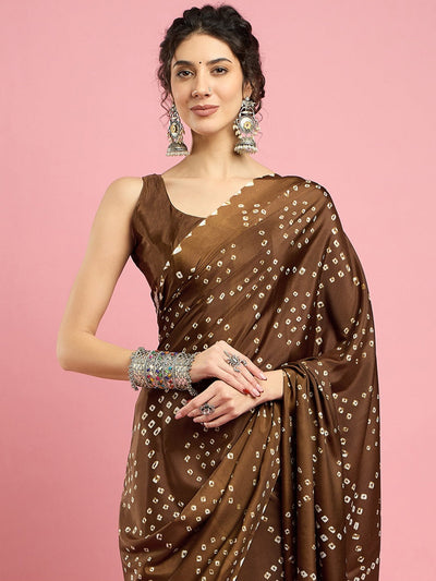 2044 Traditional Bandhani with Shibori Print Soft Satin Silk Saree - BROWN