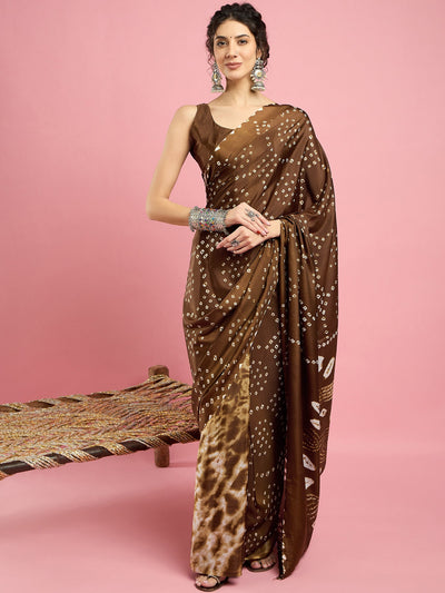 2044 Traditional Bandhani with Shibori Print Soft Satin Silk Saree - BROWN
