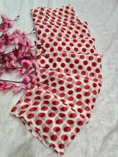 845003 Lightweight Elegant Semi Chiffon Polki Dot Print Saree - White Red