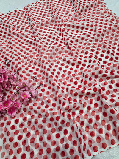 845003 Lightweight Elegant Semi Chiffon Polki Dot Print Saree - White Red