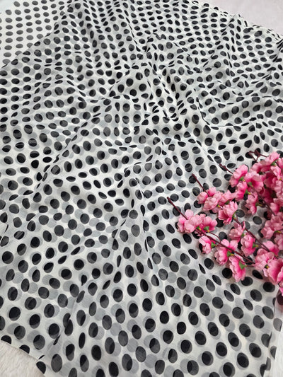 845003 Lightweight Elegant Semi Chiffon Polki Dot Print Saree - White Black