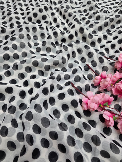 845003 Lightweight Elegant Semi Chiffon Polki Dot Print Saree - White Black