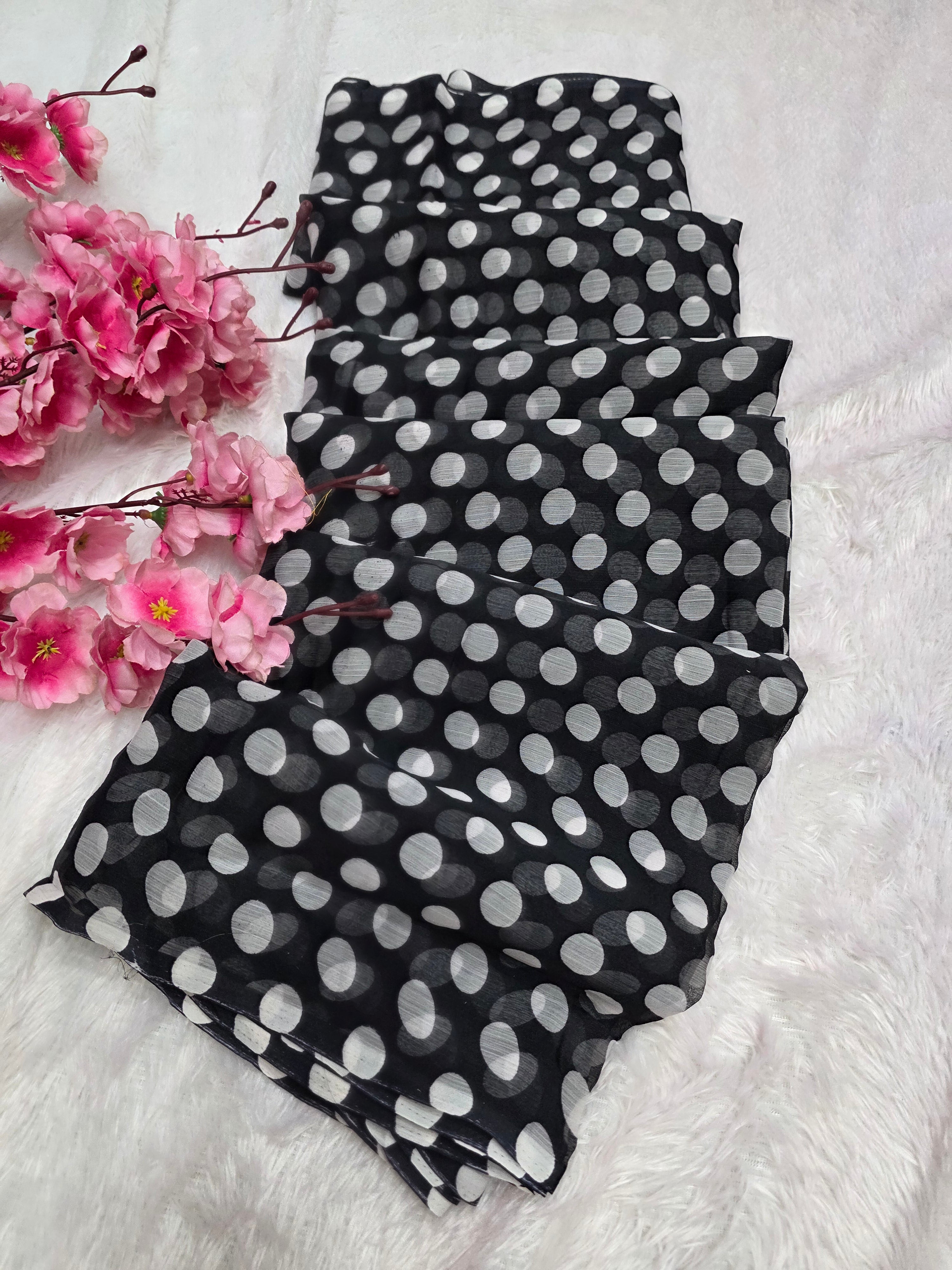 845003 Lightweight Elegant Semi Chiffon Polki Dot Print Saree - Black White