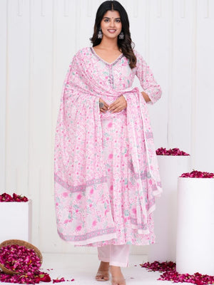 12227 Pure Malmal Cotton Anarkali Kurti With Dupatta and Pant - Pink