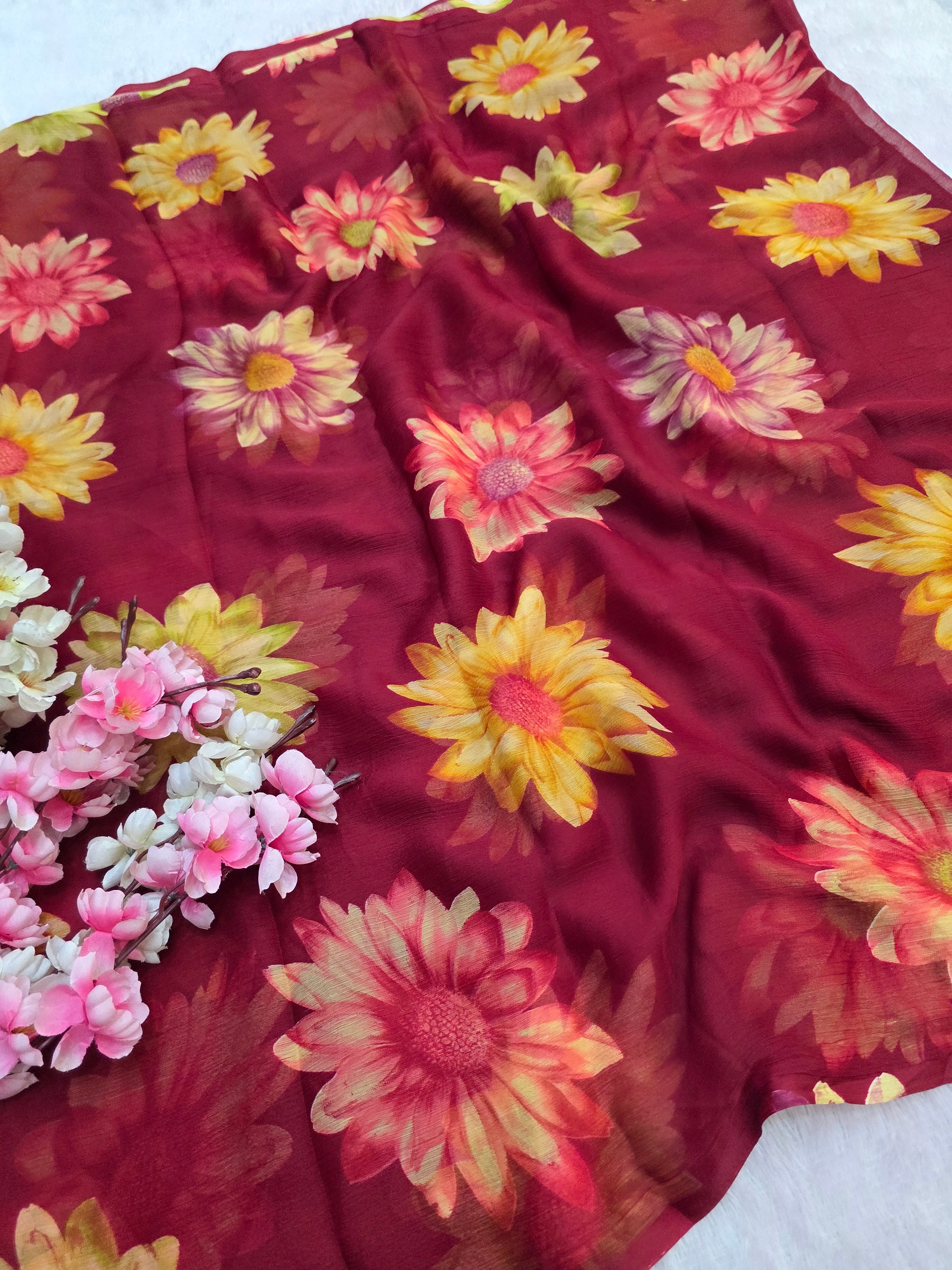 852004 Lightweight Elegant Semi Chiffon Flower Print Saree - Maroon