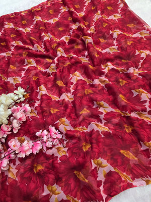 852003 Lightweight Elegant Semi Chiffon Flower Print Saree - Maroon